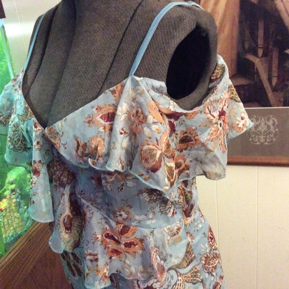 Blue Floral Off Shoulder Sleeve Chiffon Dress - Picture 3 of 6